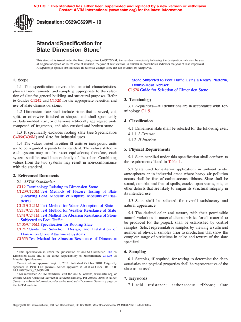 ASTM C629/C629M-10 - Standard Specification for  Slate Dimension Stone