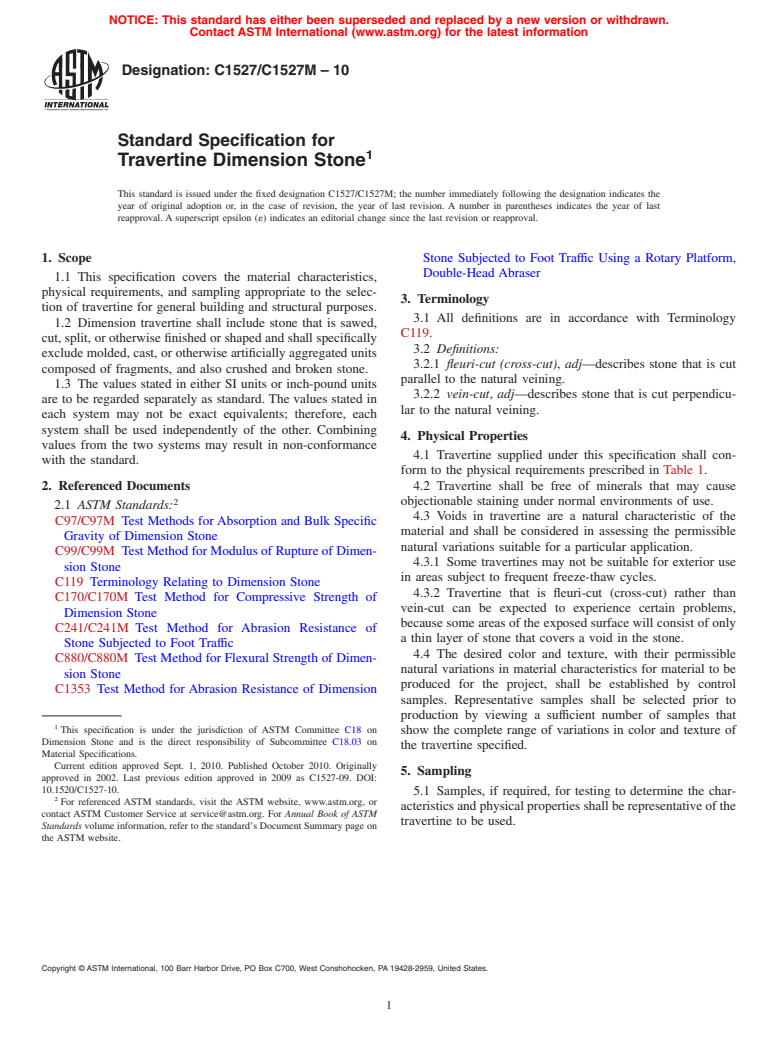 ASTM C1527/C1527M-10 - Standard Specification for Travertine Dimension Stone