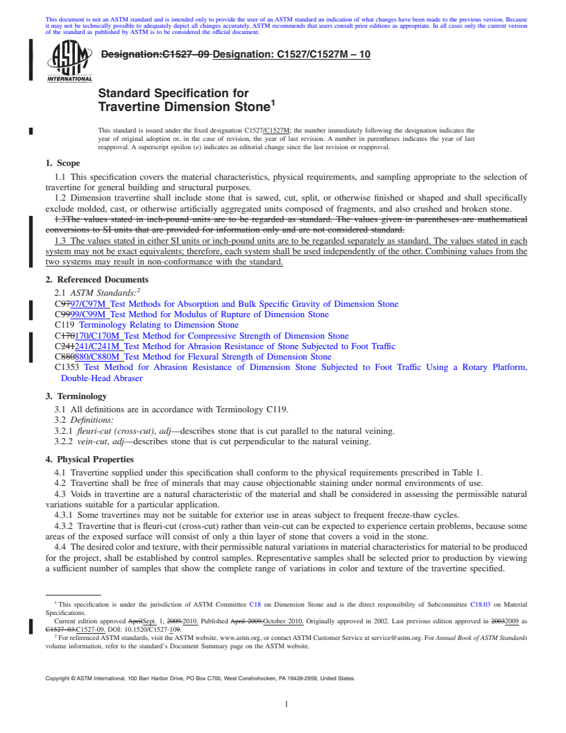 REDLINE ASTM C1527/C1527M-10 - Standard Specification for Travertine Dimension Stone