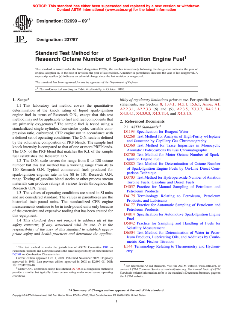 ASTM D2699-09e1 - Standard Test Method for Research Octane Number of Spark-Ignition Engine Fuel