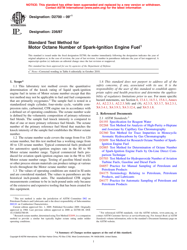 ASTM D2700-09e1 - Standard Test Method for Motor Octane Number of Spark-Ignition Engine Fuel