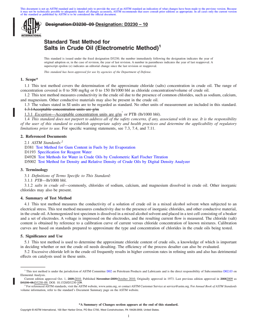 REDLINE ASTM D3230-10 - Standard Test Method for Salts in Crude Oil (Electrometric Method)