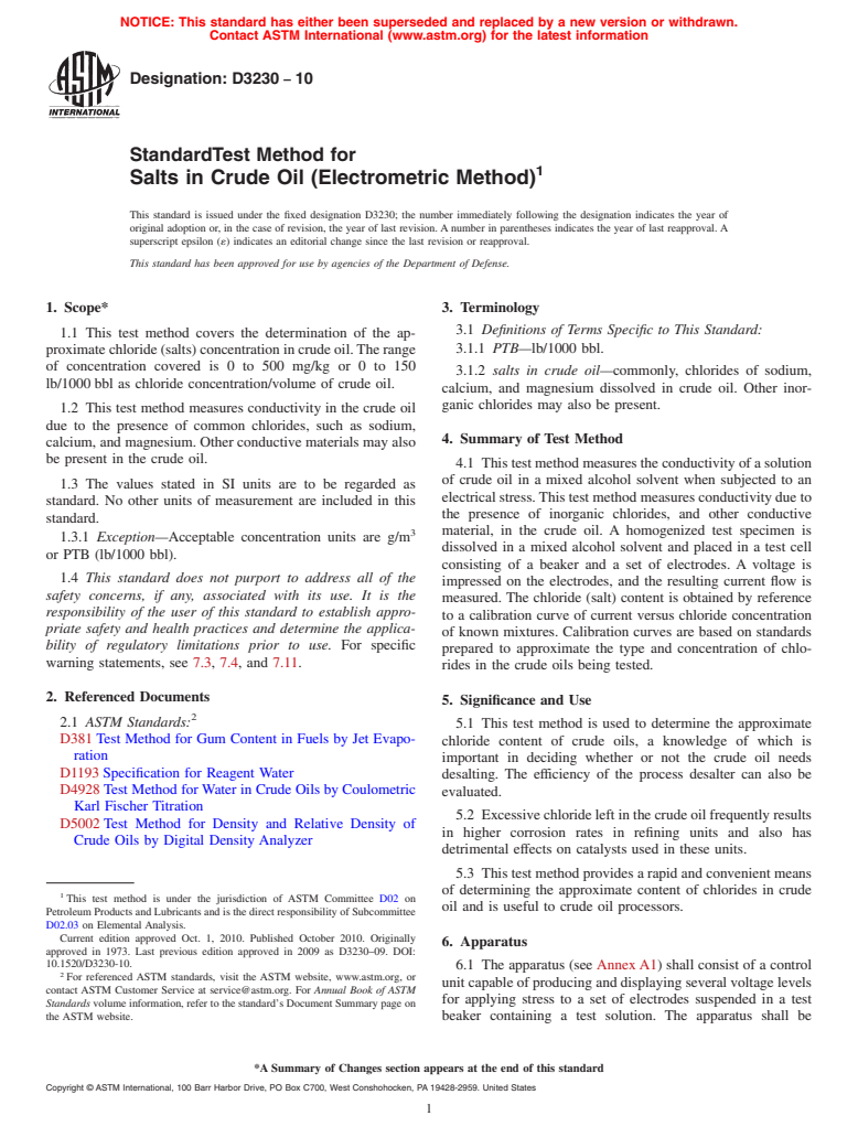 ASTM D3230-10 - Standard Test Method for Salts in Crude Oil (Electrometric Method)