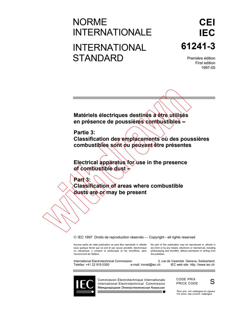 IEC 61241-3:1997 - Electrical apparatus for use in the presence of combustible dust - Part 3: Classification of areas where combustible dust are or may be present
Released:5/30/1997
Isbn:283183726X