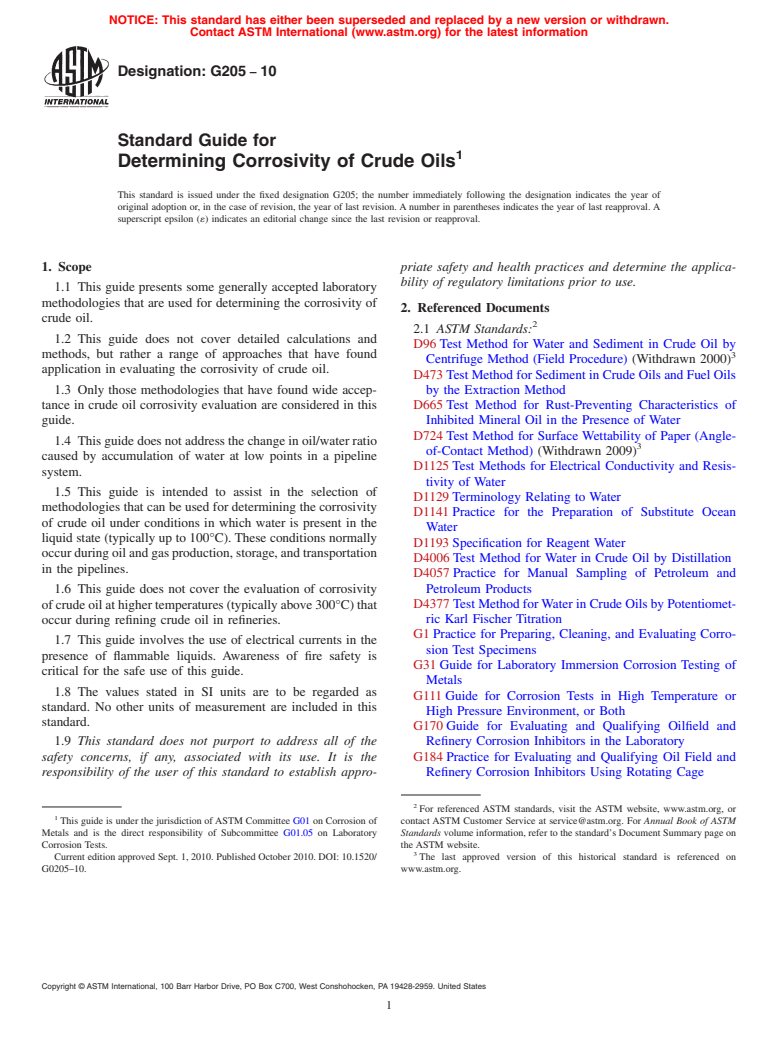 ASTM G205-10 - Standard Guide for Determining Corrosivity of Crude Oils