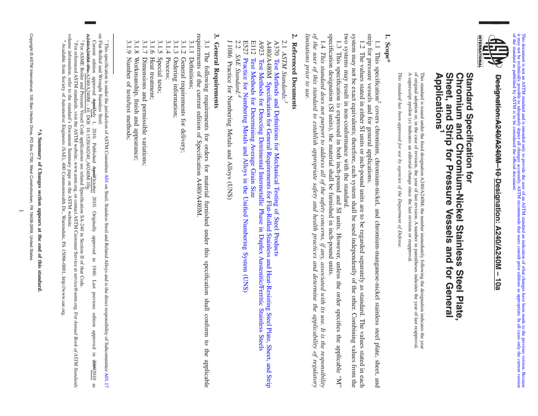 REDLINE ASTM A240/A240M-10a - Standard Specification for Chromium and Chromium-Nickel Stainless Steel Plate, Sheet, and Strip for Pressure Vessels and for General Applications
