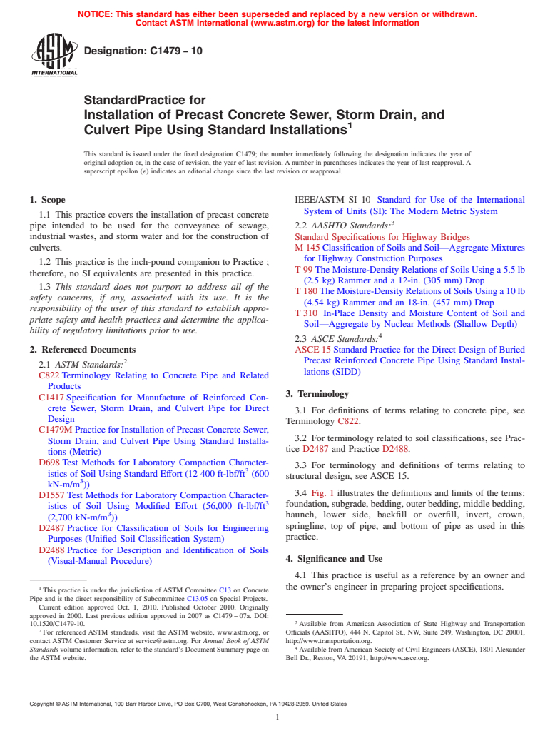 ASTM C1479-10 - Standard Practice for Installation of Precast Concrete Sewer, Storm Drain, and Culvert Pipe Using Standard Installations