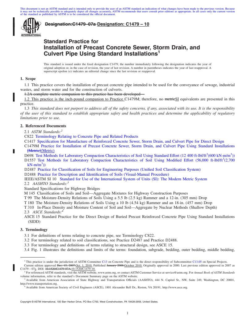 REDLINE ASTM C1479-10 - Standard Practice for Installation of Precast Concrete Sewer, Storm Drain, and Culvert Pipe Using Standard Installations