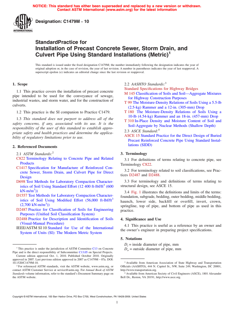 ASTM C1479M-10 - Standard Practice for Installation of Precast Concrete Sewer, Storm Drain, and Culvert Pipe Using Standard Installations (Metric)