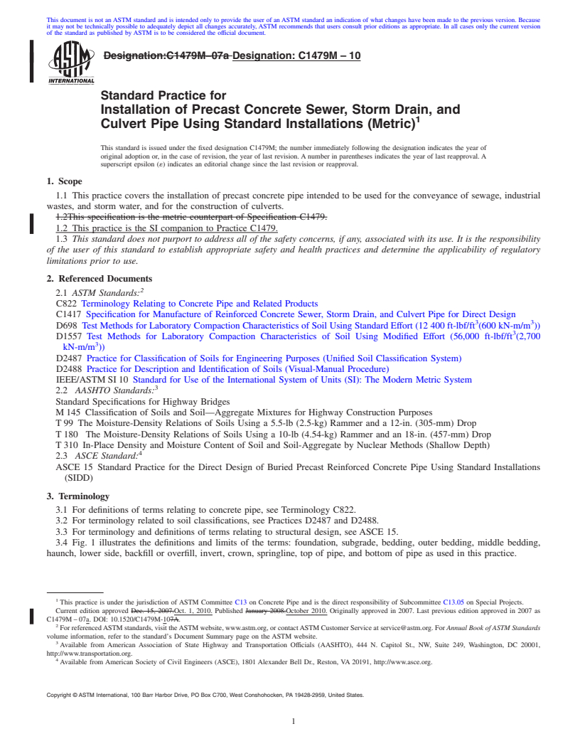 REDLINE ASTM C1479M-10 - Standard Practice for Installation of Precast Concrete Sewer, Storm Drain, and Culvert Pipe Using Standard Installations (Metric)