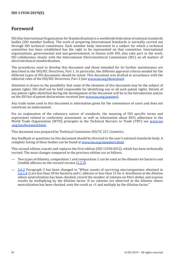 ISO 11930:2019 ISO 11930:2019 - Cosmetics -- Microbiology -- Evaluation of the antimicrobial protection of a cosmetic product - Page 4 preview