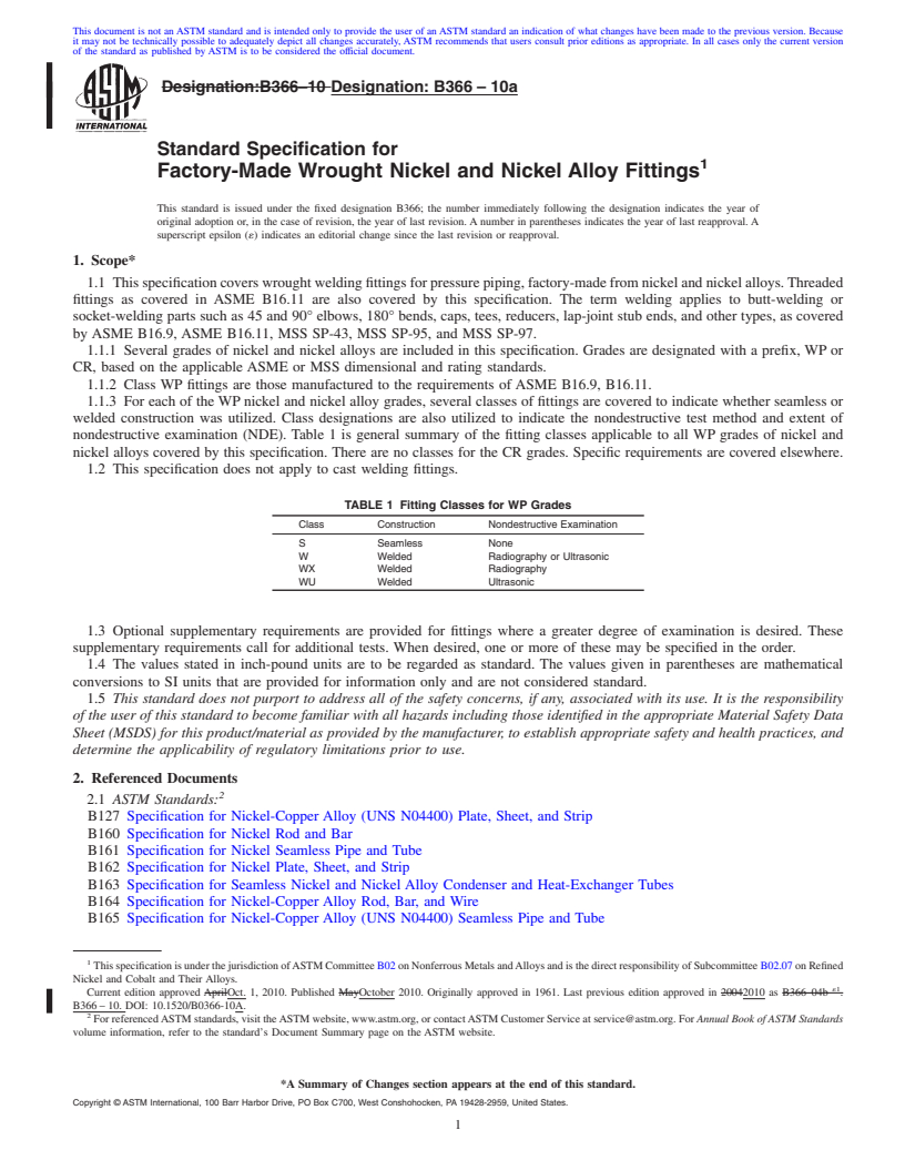 REDLINE ASTM B366-10a - Standard Specification for Factory-Made Wrought Nickel and Nickel Alloy Fittings