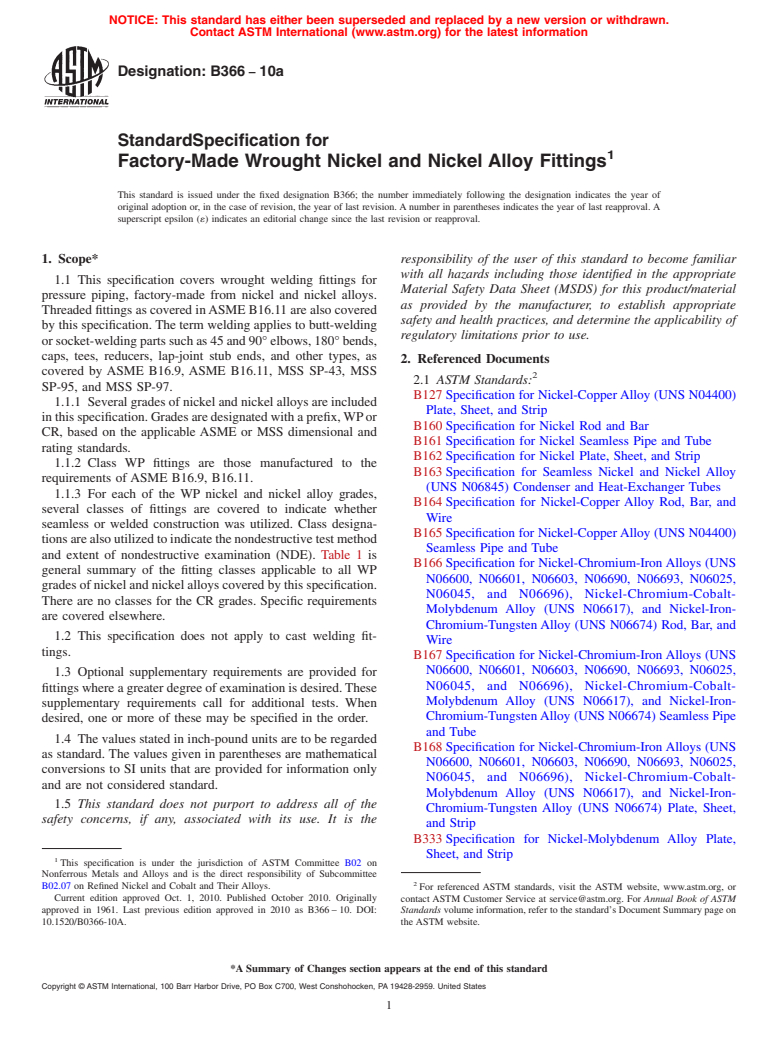 ASTM B366-10a - Standard Specification for Factory-Made Wrought Nickel and Nickel Alloy Fittings