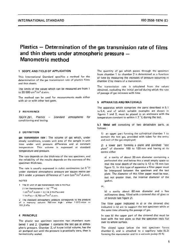 ISO 2556:1974 - Plastics -- Determination of the gas transmission rate of films and thin sheets under atmospheric pressure -- Manometric method