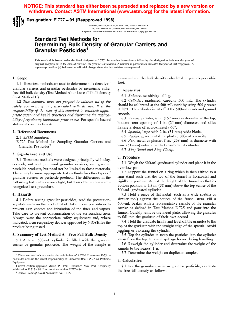 ASTM E727-91(1998) - Standard Test Methods for Determining Bulk Density of Granular Carriers and Granular Pesticides