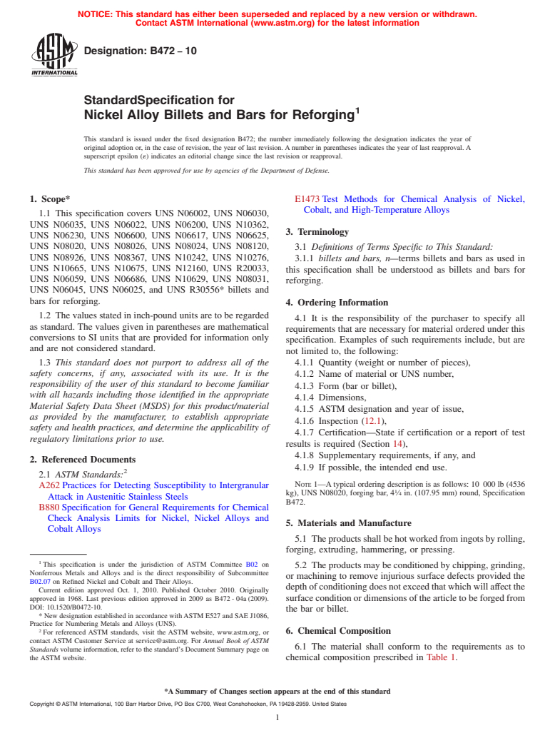 ASTM B472-10 - Standard Specification for Nickel Alloy Billets and Bars for Reforging