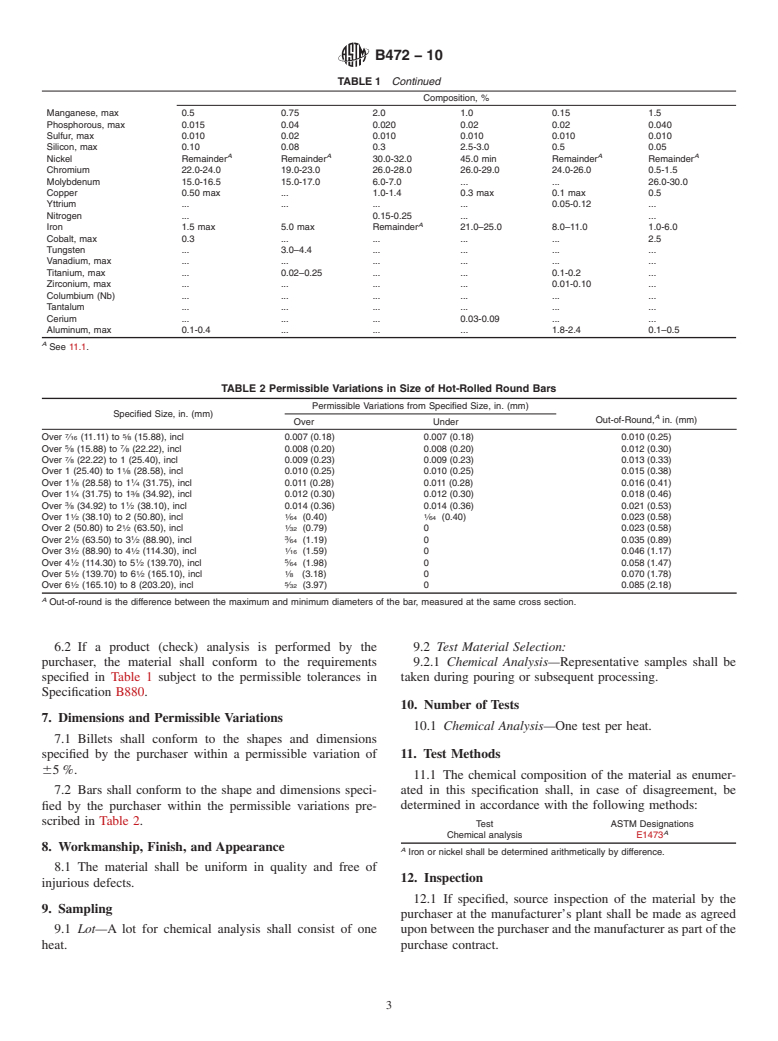 ASTM B472-10 - Standard Specification for Nickel Alloy Billets and Bars for Reforging