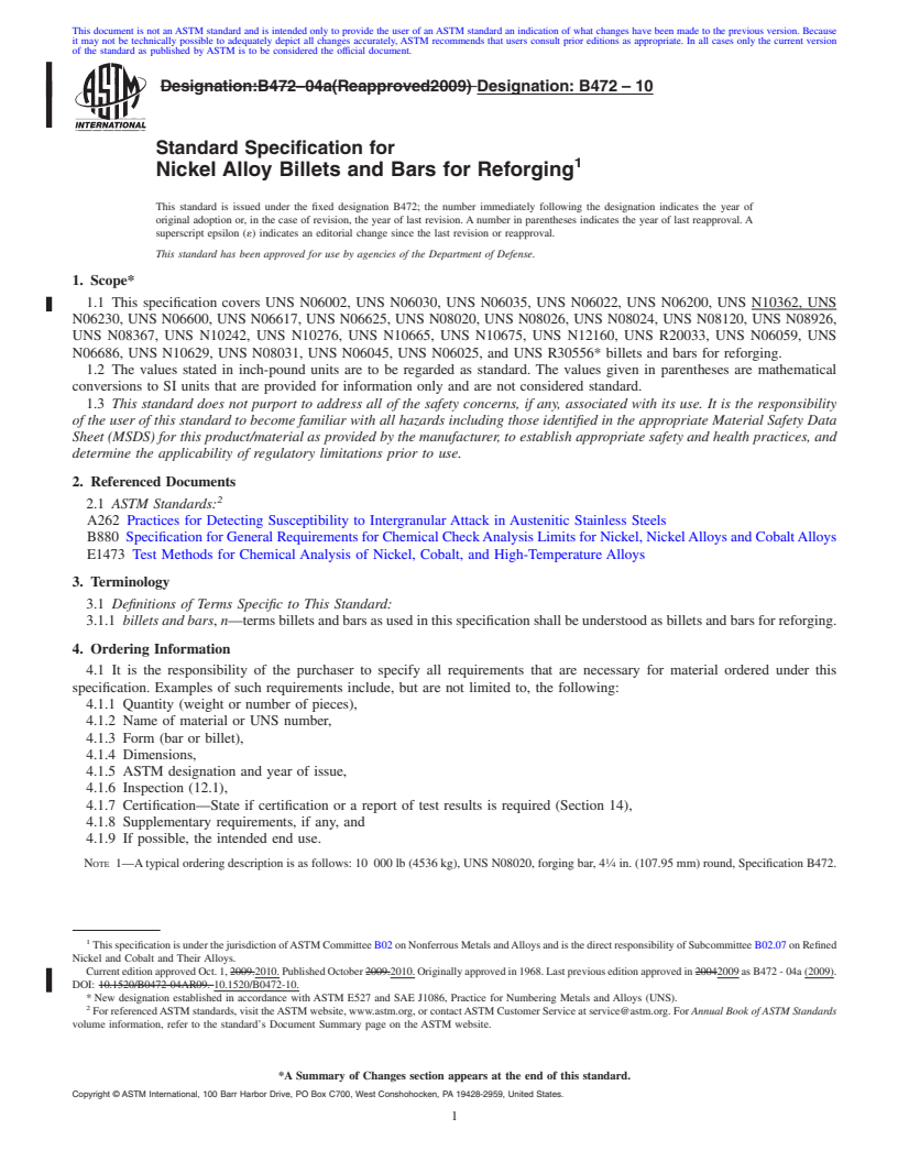 REDLINE ASTM B472-10 - Standard Specification for Nickel Alloy Billets and Bars for Reforging