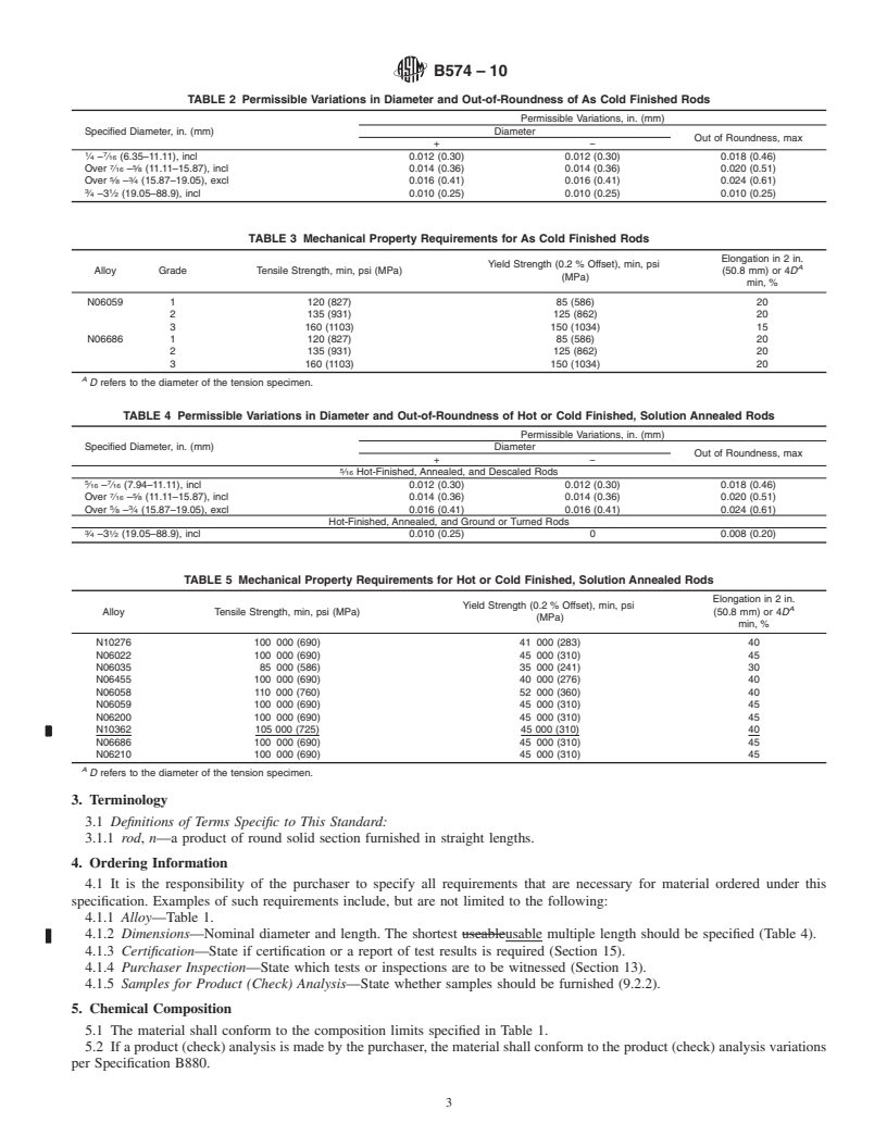 REDLINE ASTM B574-10 - Specification for Low-Carbon Nickel-Chromium-Molybdenum, Low-Carbon Nickel-Molybdenum-Chromium, Low-Carbon Nickel-Molybdenum-Chromium-Tantalum, Low-Carbon Nickel-Chromium-Molybdenum-Copper, and Low-Carbon Nickel-Chromium-Molybdenum-Tungsten Alloy Rod