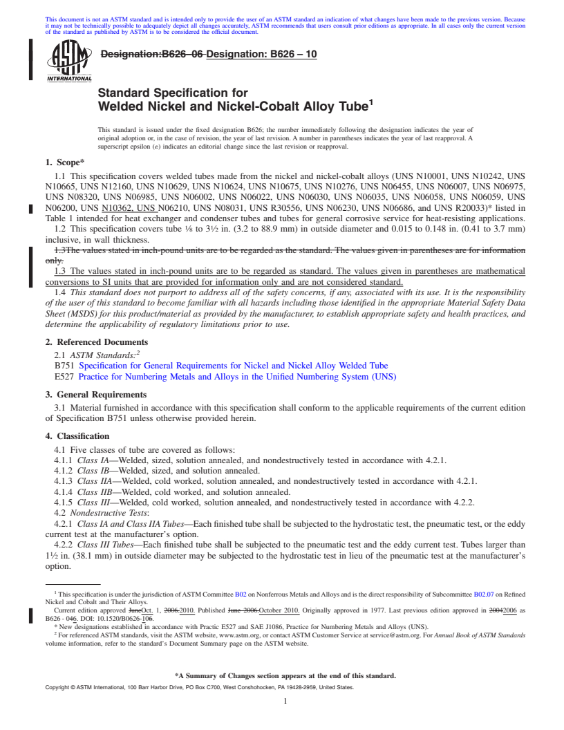 REDLINE ASTM B626-10 - Standard Specification for Welded Nickel and Nickel-Cobalt Alloy Tube