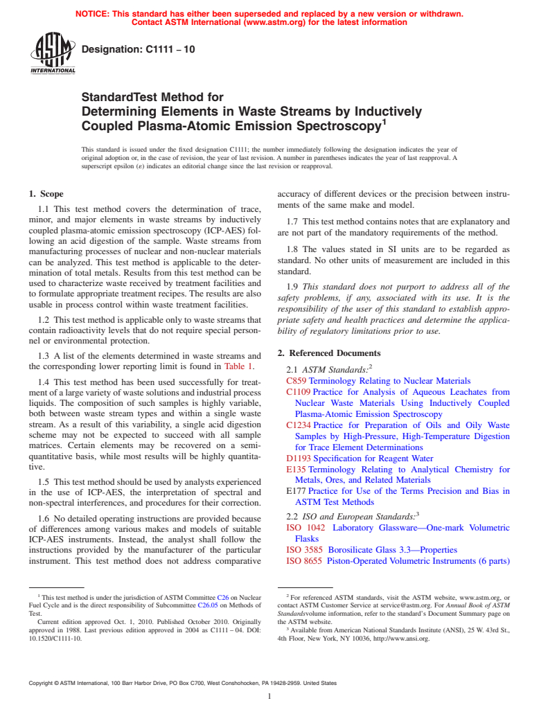 ASTM C1111-10 - Standard Test Method for Determining Elements in Waste Streams by Inductively Coupled Plasma-Atomic Emission Spectroscopy