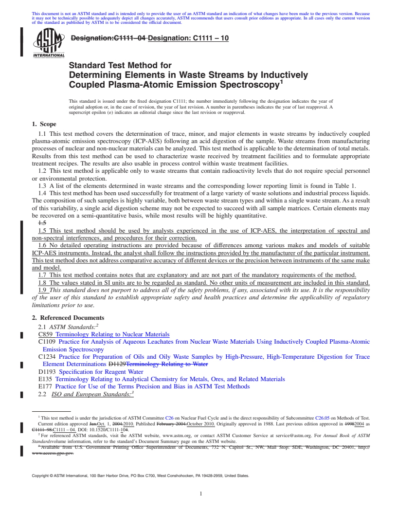 REDLINE ASTM C1111-10 - Standard Test Method for Determining Elements in Waste Streams by Inductively Coupled Plasma-Atomic Emission Spectroscopy