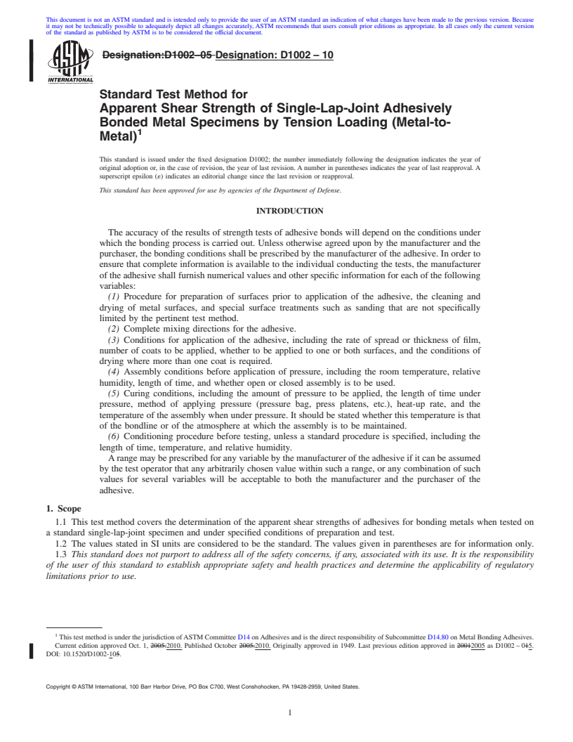 REDLINE ASTM D1002-10 - Standard Test Method for Apparent Shear Strength of Single-Lap-Joint Adhesively Bonded Metal Specimens by Tension Loading (Metal-to-Metal)