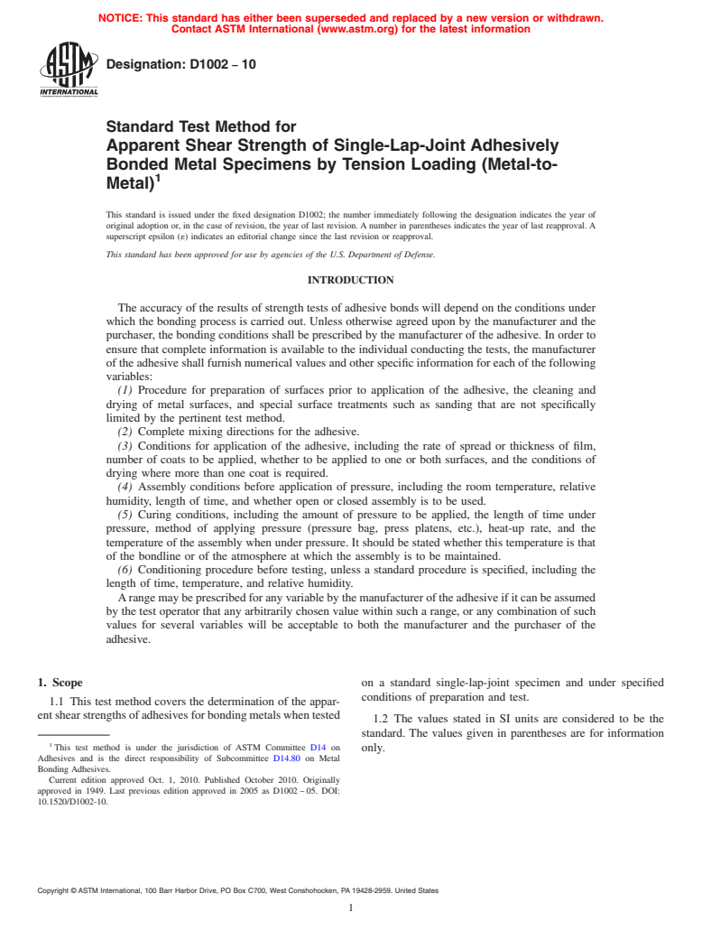 ASTM D1002-10 - Standard Test Method for Apparent Shear Strength of Single-Lap-Joint Adhesively Bonded Metal Specimens by Tension Loading (Metal-to-Metal)