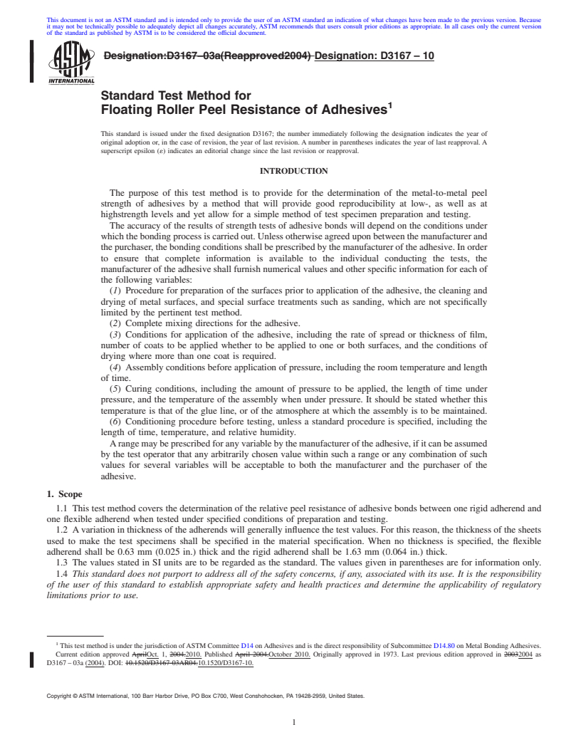 REDLINE ASTM D3167-10 - Standard Test Method for Floating Roller Peel Resistance of Adhesives