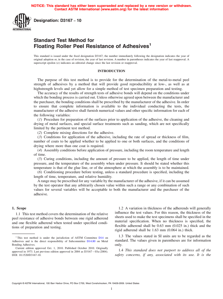 ASTM D3167-10 - Standard Test Method for Floating Roller Peel Resistance of Adhesives