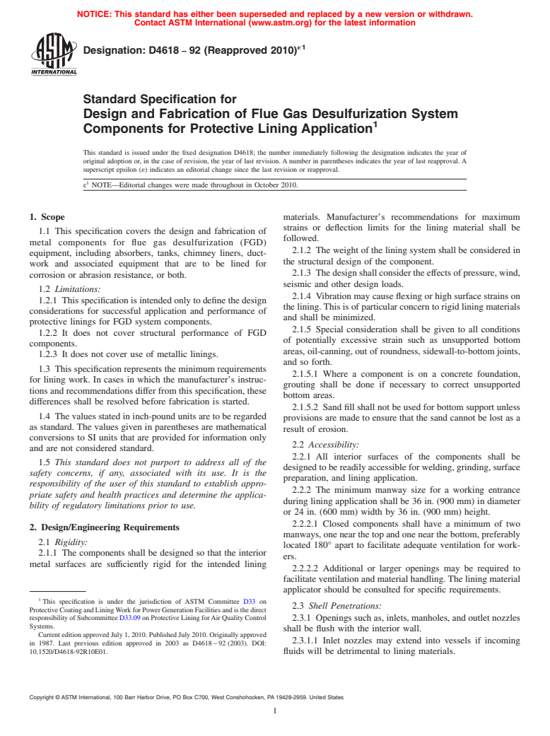 ASTM D4618-92(2010)e1 - Standard Specification for Design and Fabrication of Flue Gas Desulfurization System Components for Protective Lining Application