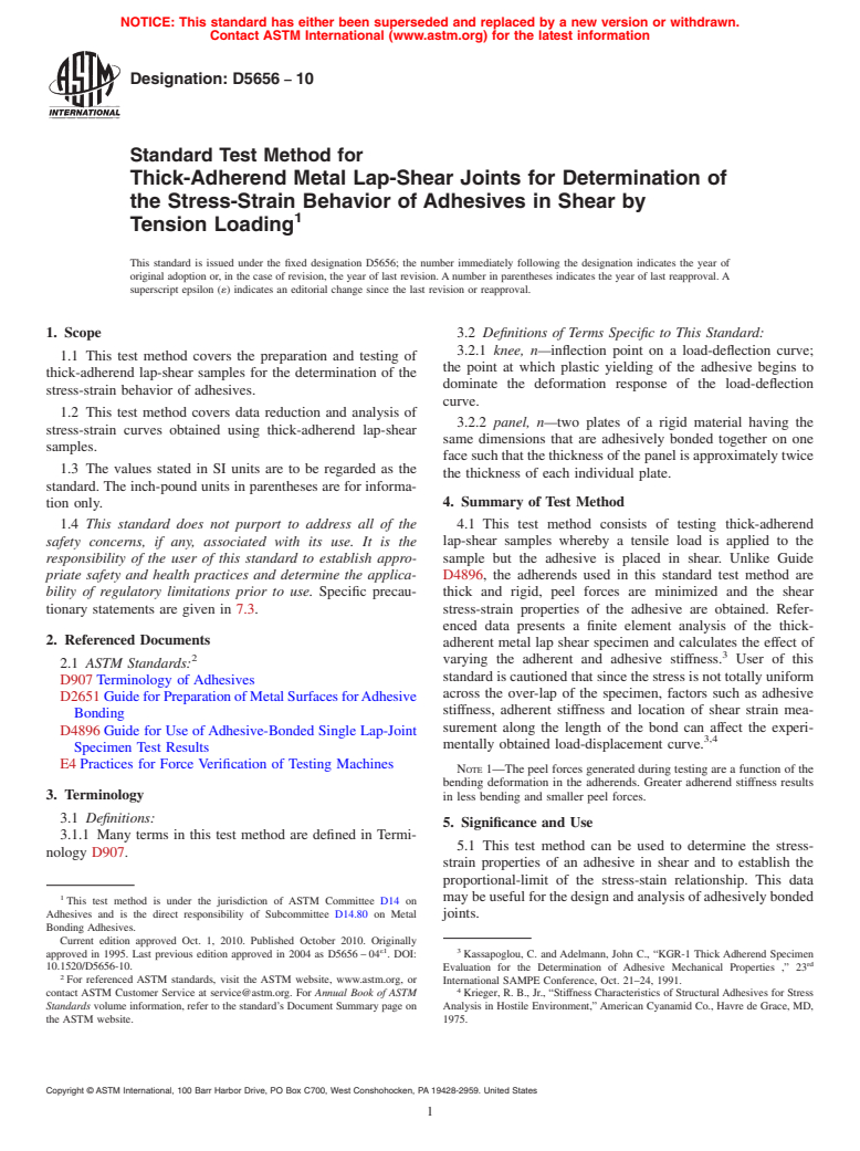 ASTM D5656-10 - Standard Test Method for Thick-Adherend Metal Lap-Shear Joints for Determination of the Stress-Strain Behavior of Adhesives in Shear by Tension Loading