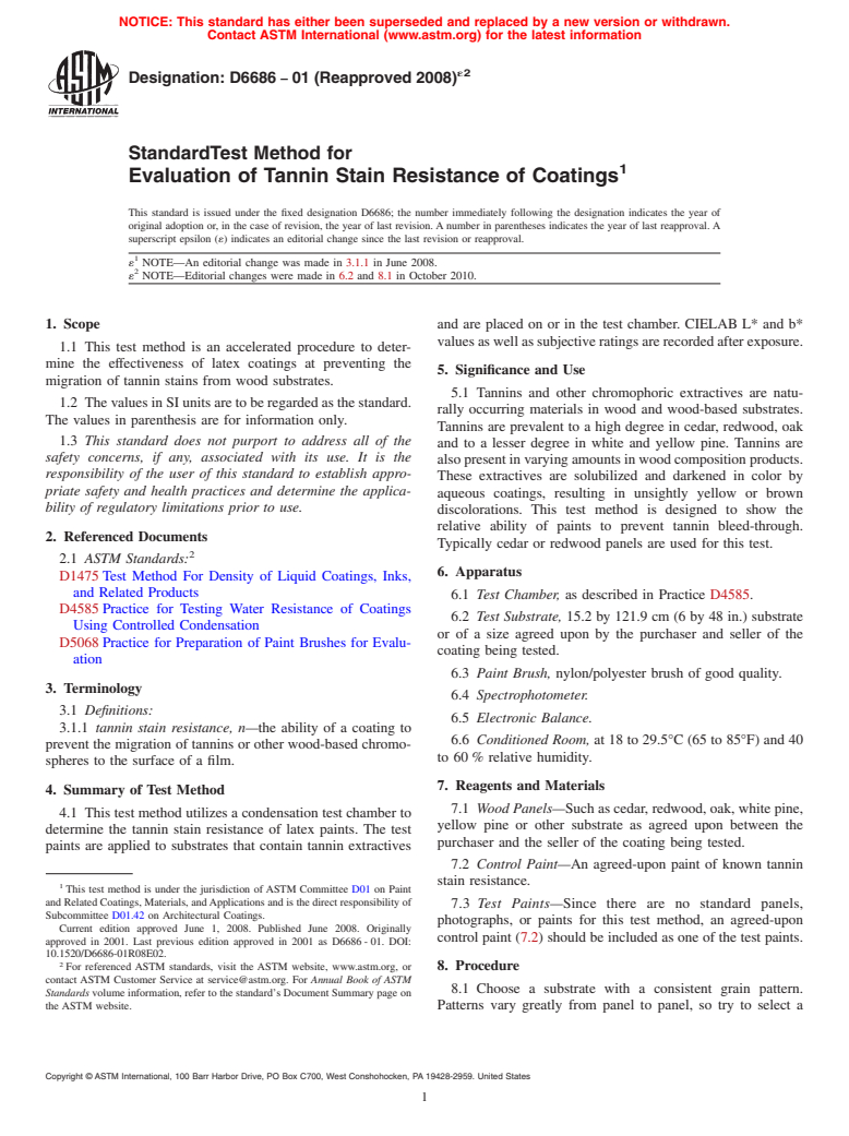 ASTM D6686-01(2008)e2 - Standard Test Method for Evaluation of Tannin Stain Resistance of Coatings