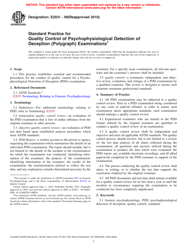 ASTM E2031-99(2010) - Standard Practice for Quality Control of Psychophysiological Detection of Deception (Polygraph) Examinations