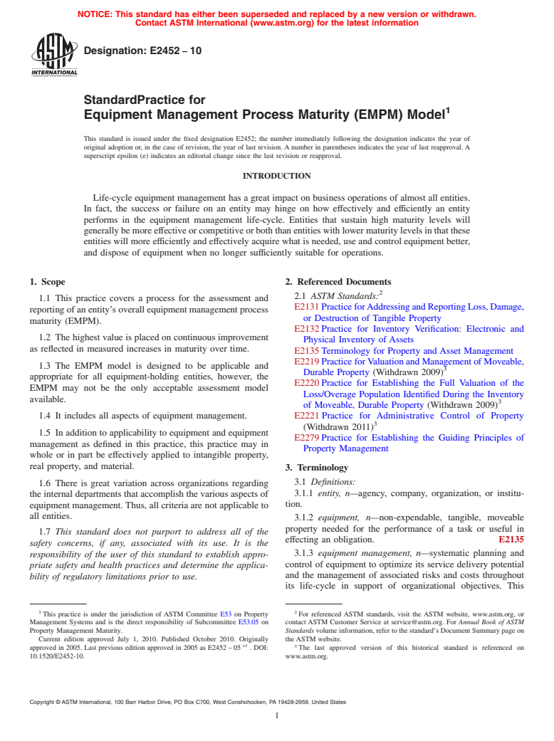 ASTM E2452-10 - Standard Practice for Equipment Management Process Maturity (EMPM) Model