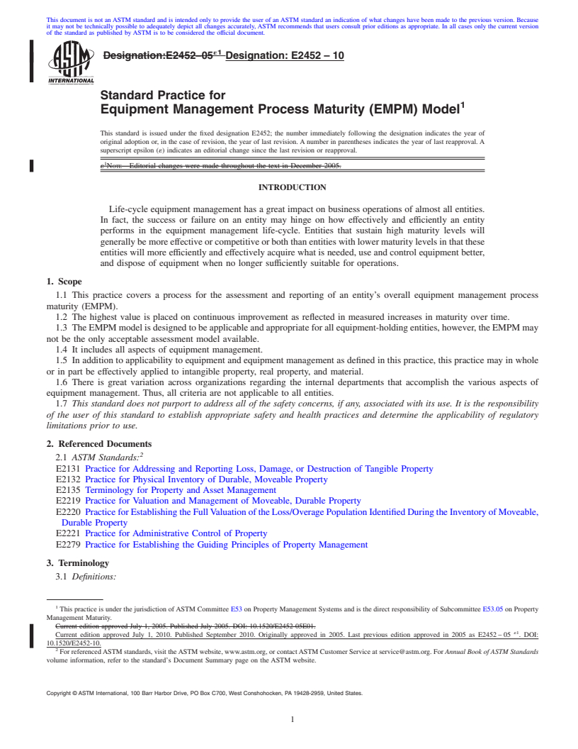 REDLINE ASTM E2452-10 - Standard Practice for Equipment Management Process Maturity (EMPM) Model