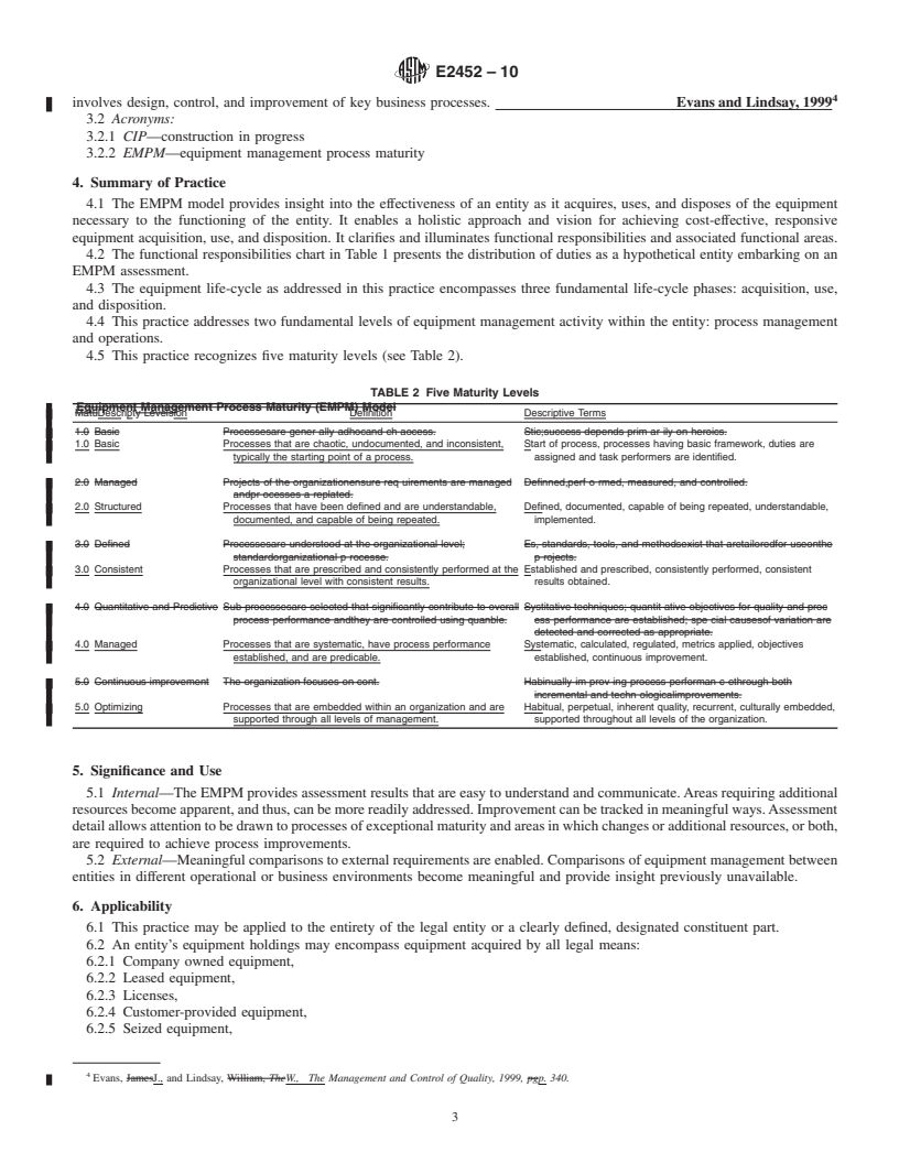 REDLINE ASTM E2452-10 - Standard Practice for Equipment Management Process Maturity (EMPM) Model