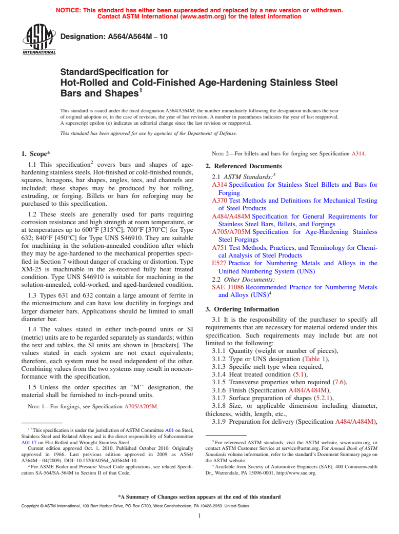 ASTM A564/A564M-10 - Standard Specification for Hot-Rolled and Cold-Finished Age-Hardening Stainless Steel Bars and Shapes