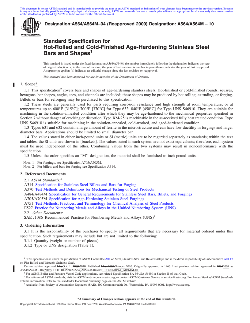 REDLINE ASTM A564/A564M-10 - Standard Specification for Hot-Rolled and Cold-Finished Age-Hardening Stainless Steel Bars and Shapes