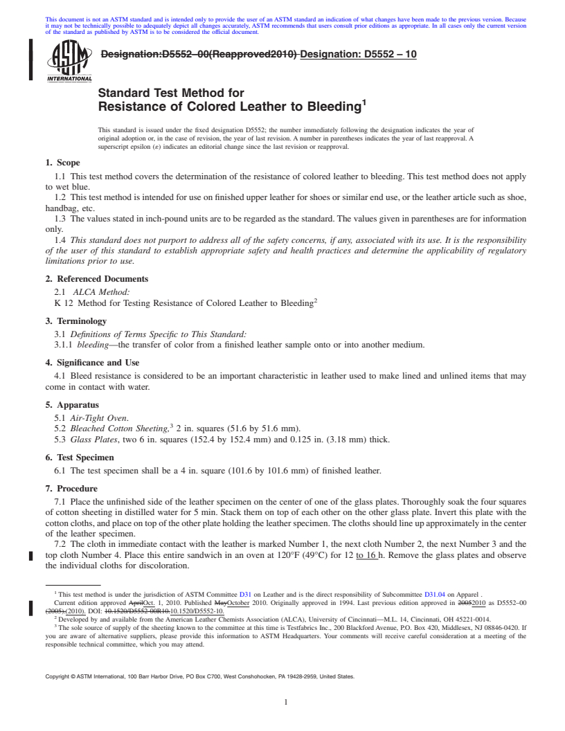 REDLINE ASTM D5552-10 - Standard Test Method for Resistance of Colored Leather to Bleeding