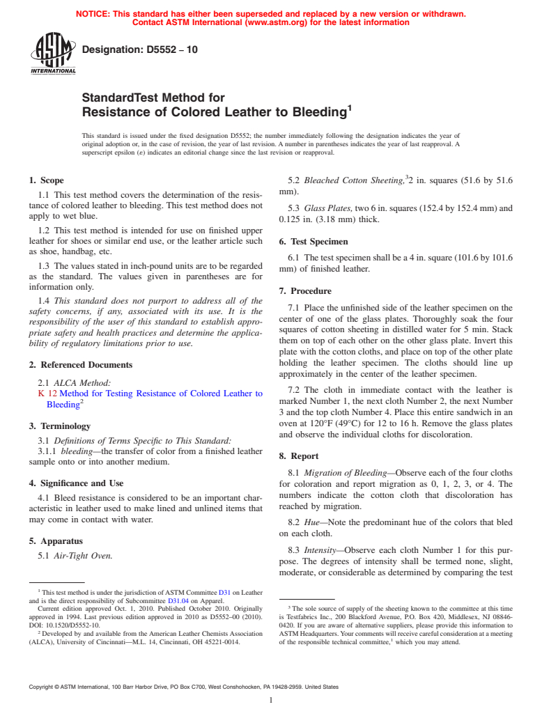 ASTM D5552-10 - Standard Test Method for Resistance of Colored Leather to Bleeding