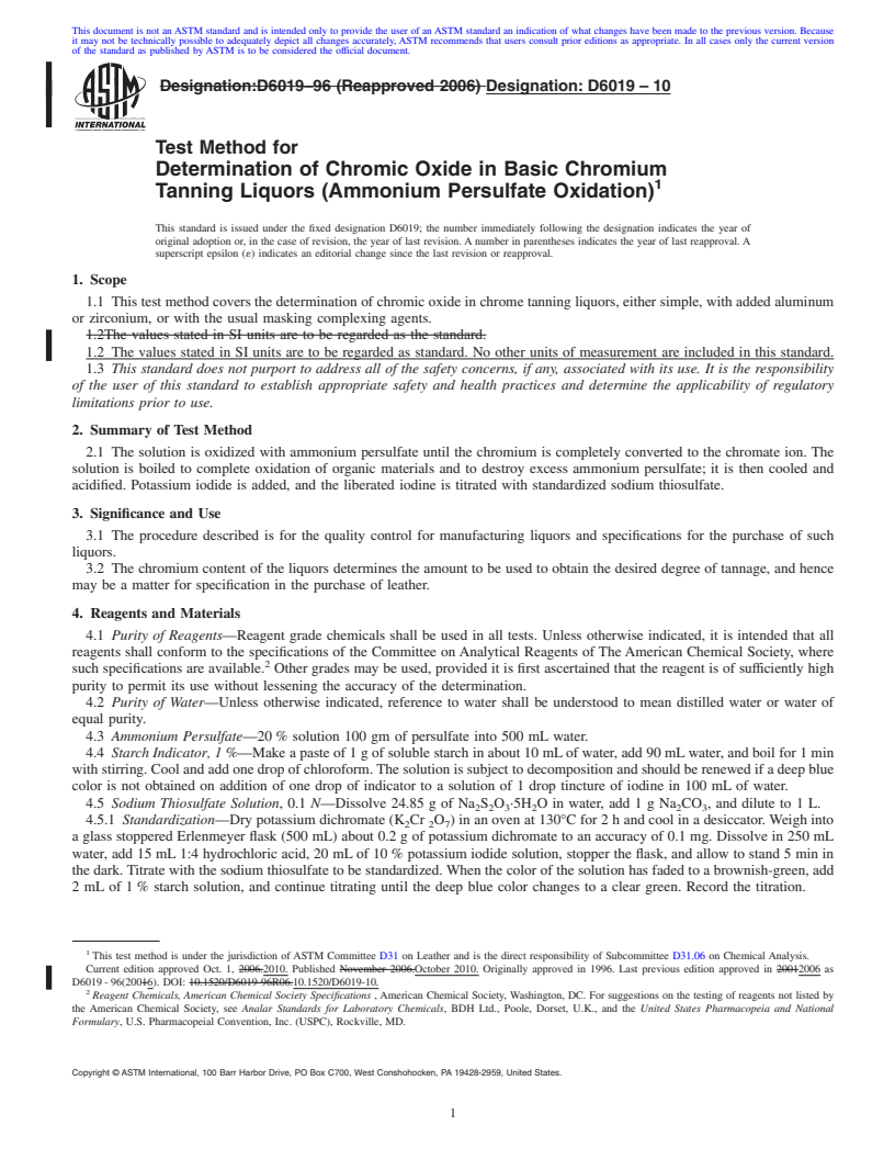 REDLINE ASTM D6019-10 - Test Method for Determination of Chromic Oxide in Basic Chromium Tanning Liquors (Ammonium Persulfate Oxidation)