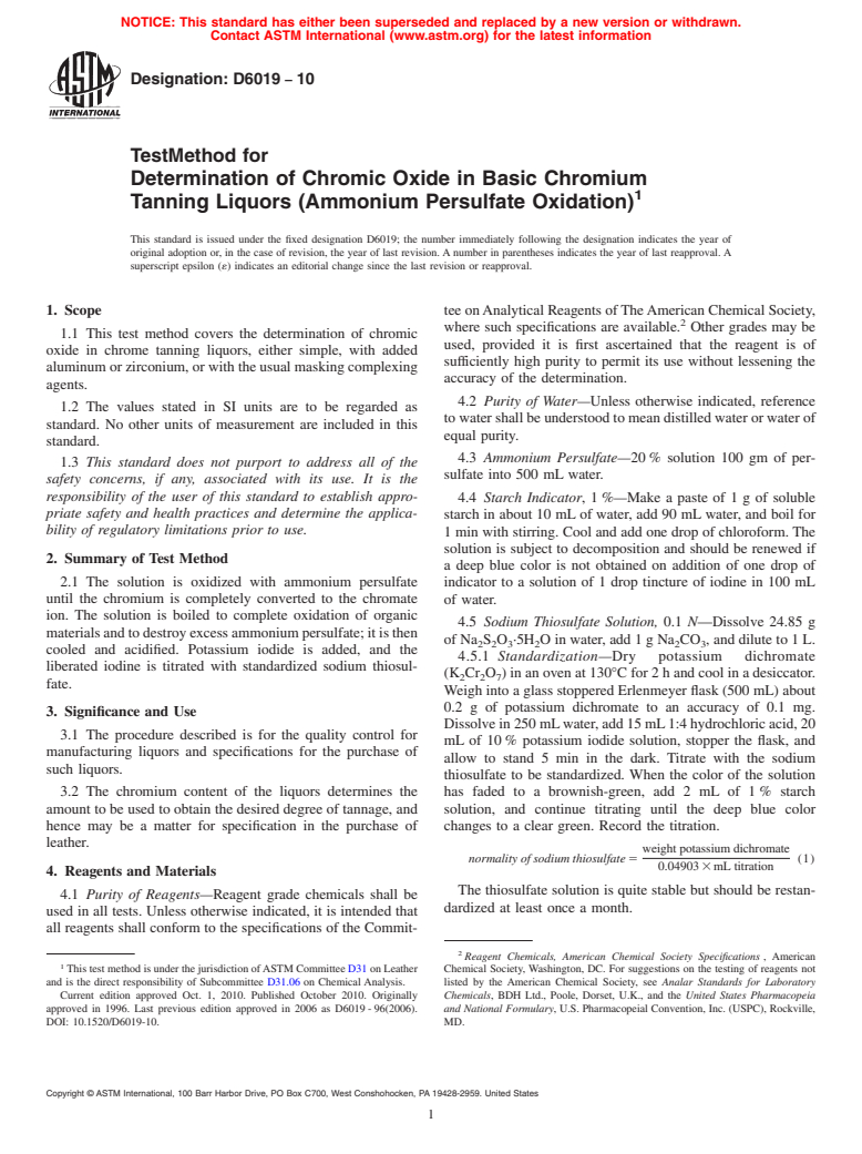 ASTM D6019-10 - Test Method for Determination of Chromic Oxide in Basic Chromium Tanning Liquors (Ammonium Persulfate Oxidation)