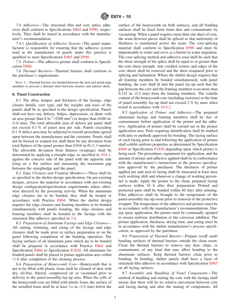 ASTM E874-10 - Standard Practice for Adhesive Bonding of Aluminum Facings to Nonmetallic Honeycomb Core for Shelter Panels