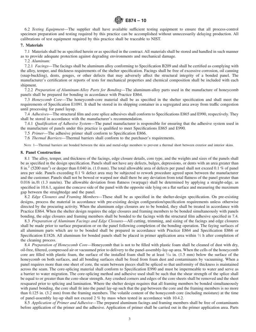 REDLINE ASTM E874-10 - Standard Practice for Adhesive Bonding of Aluminum Facings to Nonmetallic Honeycomb Core for Shelter Panels