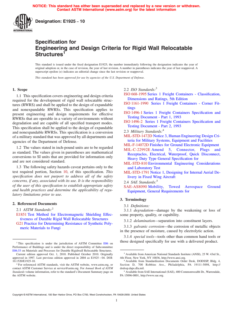 ASTM E1925-10 - Specifiction for Engineering and Design Criteria for Rigid Wall Relocatable Structures