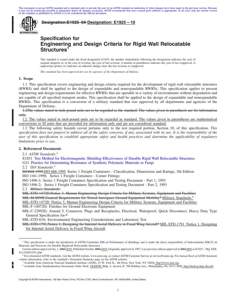 REDLINE ASTM E1925-10 - Specifiction for Engineering and Design Criteria for Rigid Wall Relocatable Structures