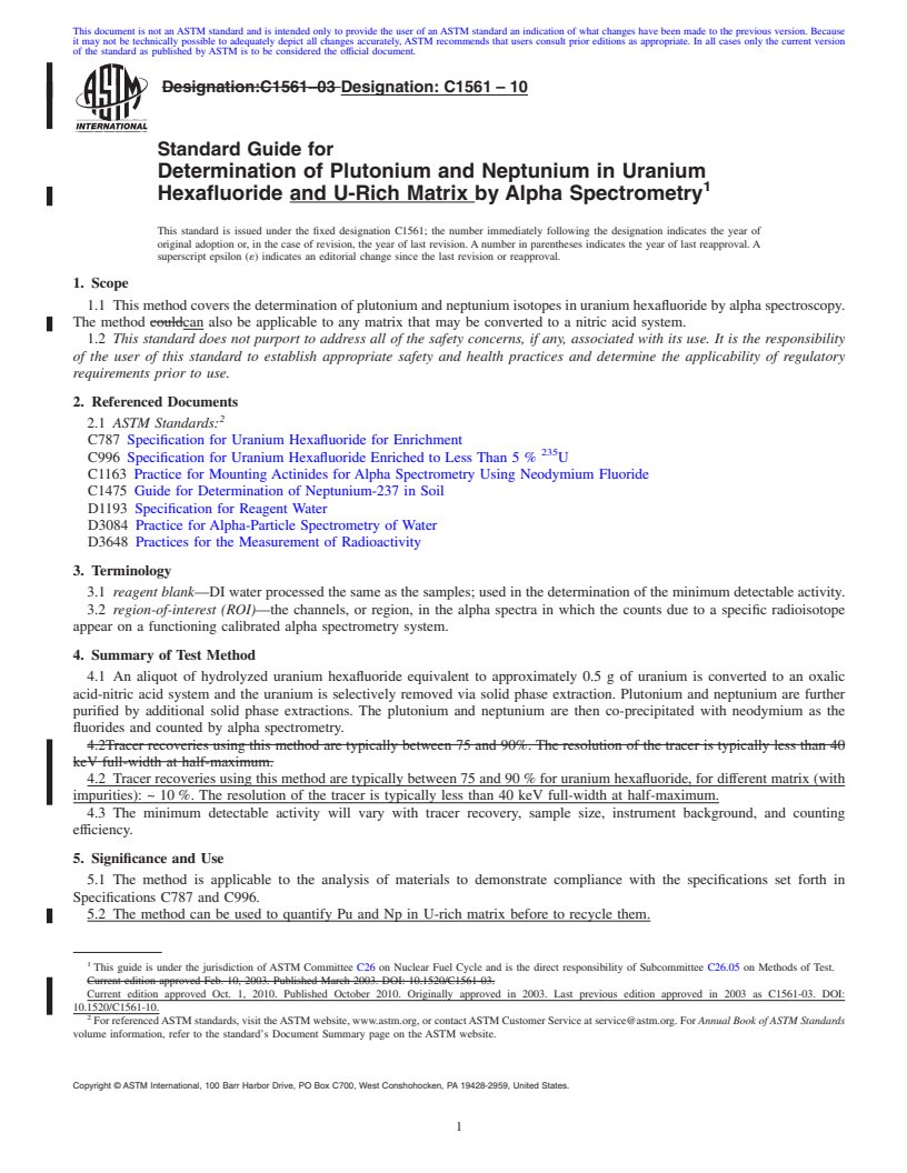 REDLINE ASTM C1561-10 - Standard Guide for Determination of Plutonium and Neptunium in Uranium Hexafluoride by Alpha Spectrometry