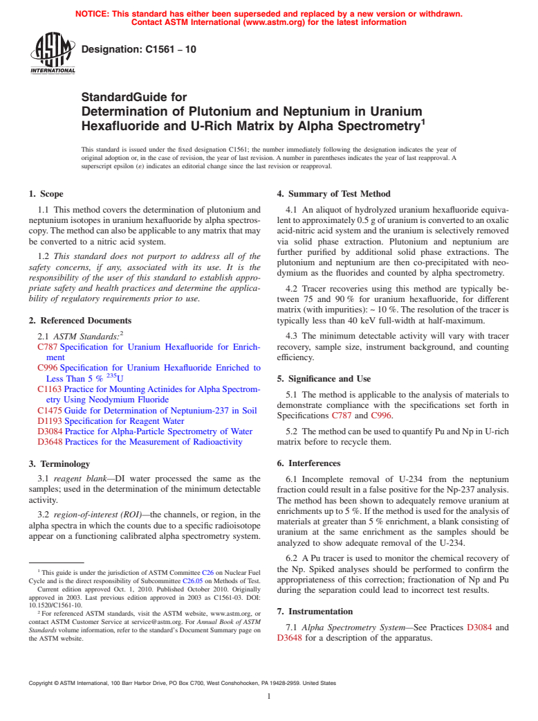 ASTM C1561-10 - Standard Guide for Determination of Plutonium and Neptunium in Uranium Hexafluoride by Alpha Spectrometry