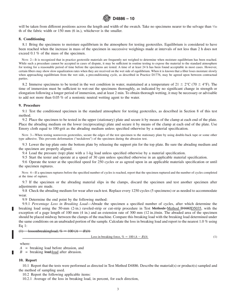 REDLINE ASTM D4886-10 - Standard Test Method for Abrasion Resistance of Geotextiles (Sand Paper/Sliding Block Method)